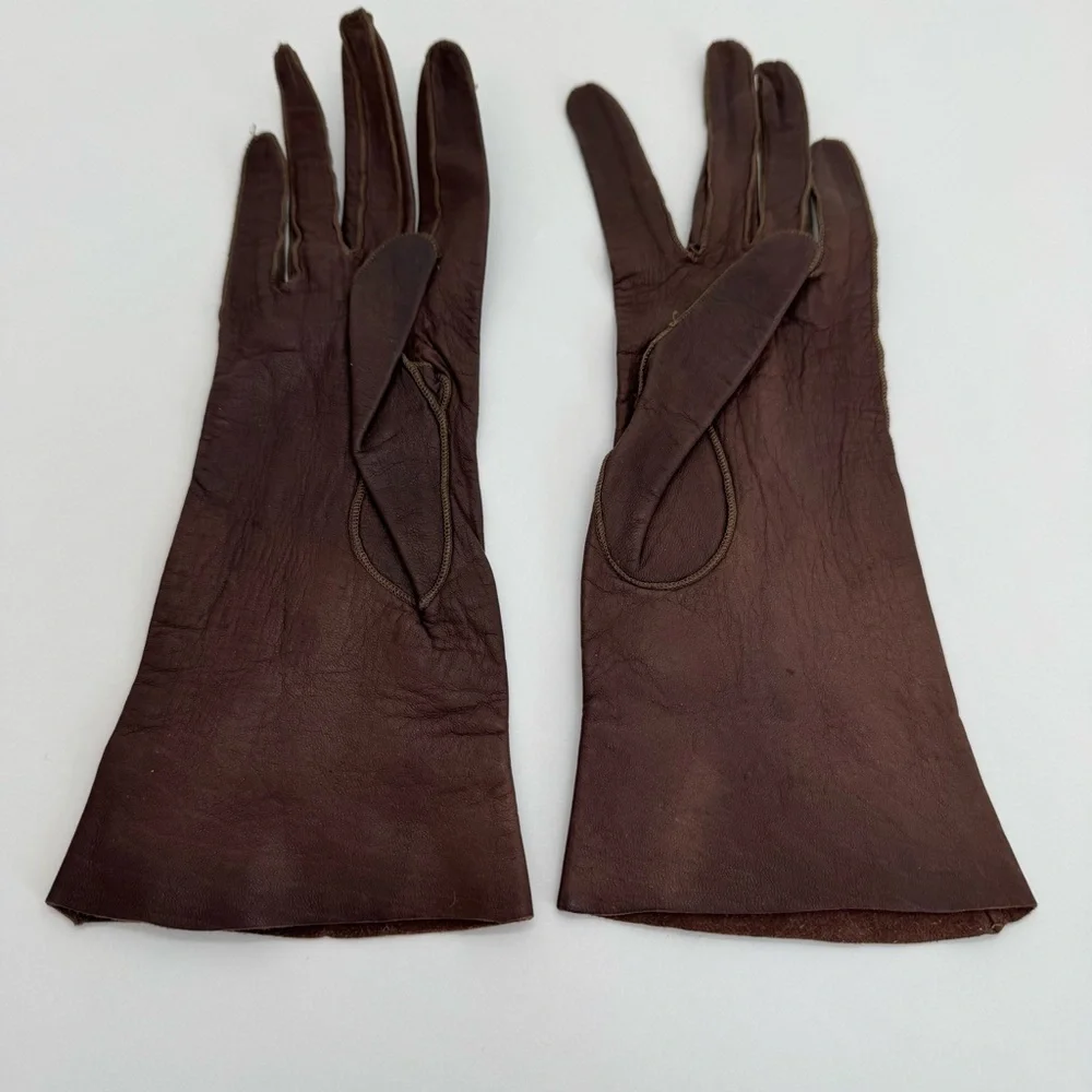 Vintage Embroidered Leather Gloves Women’s Brown